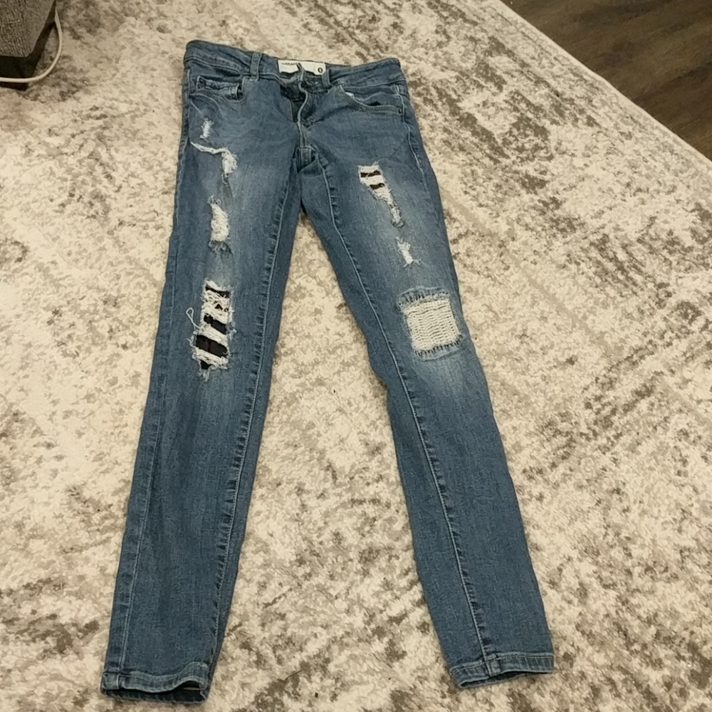 Garage ripped jeans w/ plaid patching - Picture 2 of 7